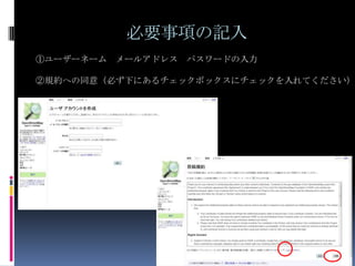 必要事項の記入
①ユーザーネーム メールアドレス   パスワードの入力

②規約への同意（必ず下にあるチェックボックスにチェックを入れてください）
 