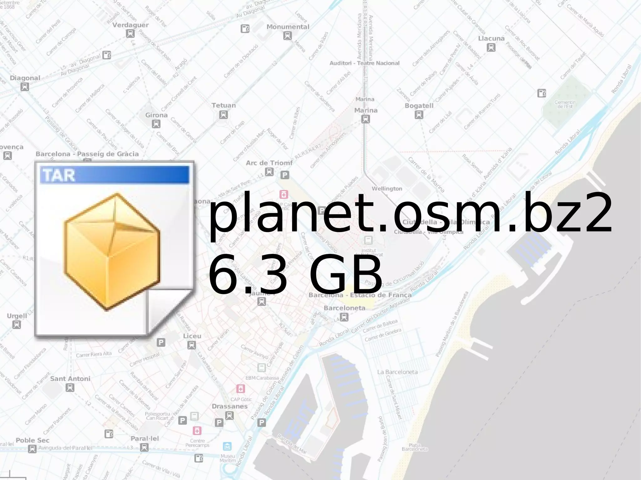 Mapnik renderer (tile.osm.org) tiles@home (osmarender) www.osm.org website map editing software PostgreSQL backend Planet dump , Planet diffs PostGIS OpenLayers (“slippy map”) Mapnik style- sheets API 0.6 Mapnik + mod_tile mod_tile cache osm2pgsql osmosis Potlatch JOSM import scripts Geodata GPX traces, photos & notes WMS services Yahoo! imagery map tiles etcetera etcetera [email_address] server MySQL [email_address] clients Merkaator etcetera XAPI Mapping parties (the fun stuff) 
