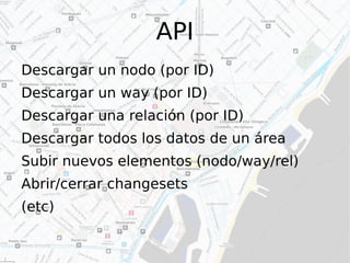 Mapnik renderer (tile.osm.org) tiles@home (osmarender) www.osm.org website map editing software PostgreSQL backend Planet dump , Planet diffs PostGIS OpenLayers (“slippy map”) Mapnik style- sheets API 0.6 Mapnik + mod_tile mod_tile cache osm2pgsql osmosis Potlatch JOSM import scripts Geodata GPX traces, photos & notes WMS services Yahoo! imagery map tiles etcetera etcetera [email_address] server MySQL [email_address] clients Merkaator etcetera XAPI Mapping parties (the fun stuff) 