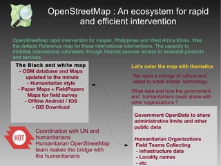 OpenStreetMap : An ecosystem for rapid 
and efficient intervention 
With the OpenStreetMap rapid intervention for Haiyan, Philippines and West Africa 
Ebola, this was the defacto Reference map for these international interventions. The 
capacity to mobilize international volunteers through Internet assures access to 
essential products and services 
The Black and white map 
- OSM database and Maps 
updated to the minute 
- Humanitarian style 
- Paper Maps + FieldPapers 
Maps for field survey 
- Offline Android / IOS 
- GIS Download 
Let's color the map with thematics 
We need a change of culture and 
adapt to small mobile technology. 
What data and how the government 
and humanitarians could share with 
other organizations ? 
Government OpenData to share 
administrative limits and other 
public data 
Humanitarian Organizations 
Field Teams Collecting 
- infrastructure data 
- Locality names 
- etc 
Coordination with UN and 
humanitarians 
Humanitarian OpenStreetMap 
team makes the bridge with 
the humanitarians 
 