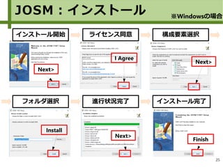 25
I Agree
Next>
Next>
Install
Next>
Finish
インストール開始 ライセンス同意 構成要素選択
インストール完了フォルダ選択 進行状況完了
JOSM：インストール ※Windowsの場合
 