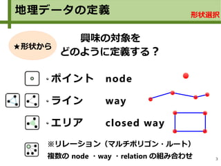 3
地理データの定義
ポイント　node
ライン　　way
エリア　　closed way
★形状から
興味の対象を
どのように定義する？
形状選択
※リレーション（マルチポリゴン・ルート）
複数の node ・way ・relation の組み合わせ　
 