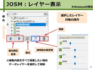 54
選択したレイヤー
対象の操作
透明度の変更等優先順位
変更
表示
削除
※編集内容をすべて破棄したい場合
データレイヤーを選択して削除
JOSM：レイヤー表示 ※Windowsの場合
優
先
 
