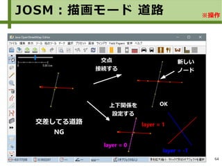 64
JOSM：描画モード 道路 ※操作
交差してる道路
NG
交点
接続する
OK上下関係を
設定する
新しい
ノード
新しい
ノード
layer = 1
layer = 0
layer = -1
OK
 