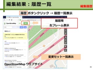 89
編集結果：履歴一覧
履歴用
左フレーム表示
変更セット一覧表示
履歴 ボタンクリック → 履歴一覧表示
OpenStreetMap ウェブサイト
編集履歴
 