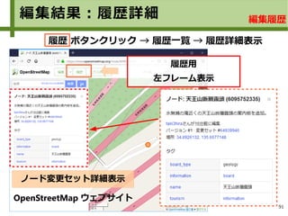 91
編集結果：履歴詳細 編集履歴
履歴 ボタンクリック → 履歴一覧 → 履歴詳細表示
履歴用
左フレーム表示
OpenStreetMap ウェブサイト
ノード変更セット詳細表示
 