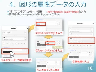 4Τԥǩ`??
??٤ƤΥ ?ֲ֣֣Key(=landuse), Value(=forest)??
??Դsource=geobeeair2014apr_nenvȤ롣
10	
٣򥯥åԤ׷	
landuseKey	
forestValue	
ˤ鱣	
Դ	
 