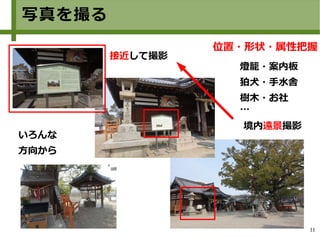 11
写真を撮る
いろんな
方向から
接近して撮影
燈籠・案内板
狛犬・手水舎
樹木・お社
…
境内遠景撮影
位置・形状・属性把握
 
