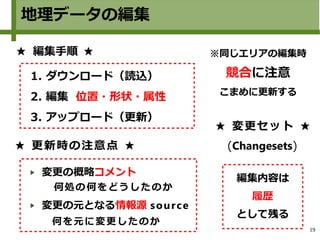 19
地理データの編集
※同じエリアの編集時
競合に注意
こまめに更新する
1. ダウンロード（読込）
2. 編集 位置・形状・属性
3. アップロード（更新）
★ 編集手順 ★
何処の何をどうしたのか
★ 更新時の注意点 ★
変更の概略コメント
変更の元となる情報源 source
何を元に変更したのか
編集内容は
履歴
として残る
★ 変更セット ★
(Changesets)
 