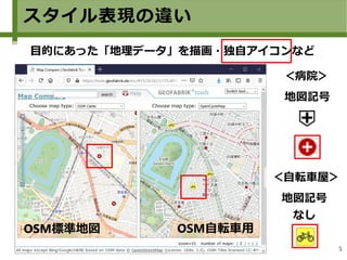 5
スタイル表現の違い
目的にあった「地理データ」を描画・独自アイコンなど
OSM自転車用OSM標準地図
地図記号
＜自転車屋＞
＜病院＞
地図記号
なし
 