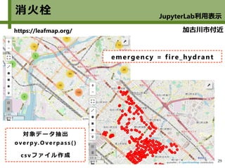 29
消火栓 JupyterLab利用表示
https://leafmap.org/
emergency = fire_hydrant
加古川市付近
対象 デー タ抽 出
overp y.O verpa ss()
csv ファ イル作 成
 