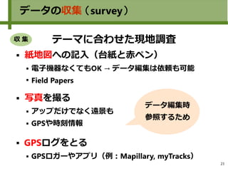 21
データの収集 （survey）
テーマに合わせた現地調査
 紙地図への記入（台紙と赤ペン）
 電子機器なくてもOK → データ編集は依頼も可能

Field Papers
 写真を撮る
 アップだけでなく遠景も
 GPSや時刻情報
 GPSログをとる
 GPSロガーやアプリ（例：Mapillary, myTracks）
データ編集時
参照するため
収 集
 
