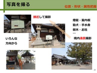 23
写真を撮る
いろんな
方向から
接近して撮影
燈籠・案内板
狛犬・手水舎
樹木・お社
…
境内遠景撮影
位置・形状・属性把握
 