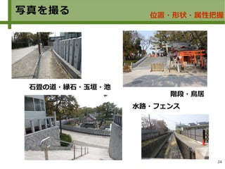 24
石畳の道・縁石・玉垣・池
階段・鳥居
水路・フェンス
写真を撮る 位置・形状・属性把握
 