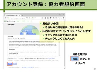 10
規約を確認後
　同意　ボタンを
クリック
お住まいの国
それ以外の国を選択（日本の場合）
私の投稿をパブリックドメインとします
チェックは必須ではなく任意
チェックしなくても大丈夫
アカウント登録：協力者規約画面
 