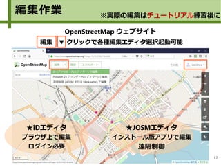 17
OpenStreetMap ウェブサイト
編集 ▼ クリックで各種編集エディタ選択起動可能
★iDエディタ
ブラウザ上で編集
ログイン必要
編集作業 ※実際の編集はチュートリアル練習後に
★JOSMエディタ
インストール版アプリで編集
遠隔制御
 