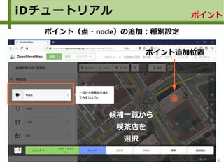 35
iDチュートリアル ポイント
ポイント（点・node）の追加：種別設定
ポイント追加位置
候補一覧から
喫茶店を
選択
 