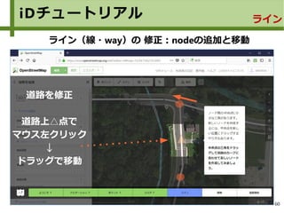 60
iDチュートリアル ライン
ライン（線・way）の 修正：nodeの追加と移動
道路を修正
道路上△点で
マウス左クリック
↓
ドラッグで移動
 