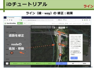 61
iDチュートリアル ライン
ライン（線・way）の 修正：結果
道路を修正
nodeの
追加・移動
 