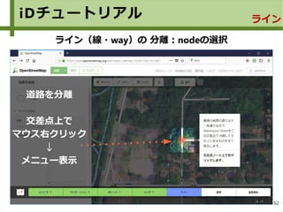 62
iDチュートリアル ライン
ライン（線・way）の 分離：nodeの選択
道路を分離
交差点上で
マウス右クリック
↓
メニュー表示
 