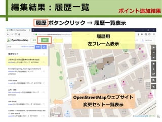 75
編集結果：履歴一覧 ポイント追加結果
履歴用
左フレーム表示
OpenStreetMapウェブサイト
変更セット一覧表示
履歴 ボタンクリック → 履歴一覧表示
 