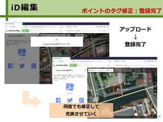 77
iD編集 ポイントのタグ修正：登録完了
アップロード
↓
登録完了
何度でも修正して
充実させていく
 