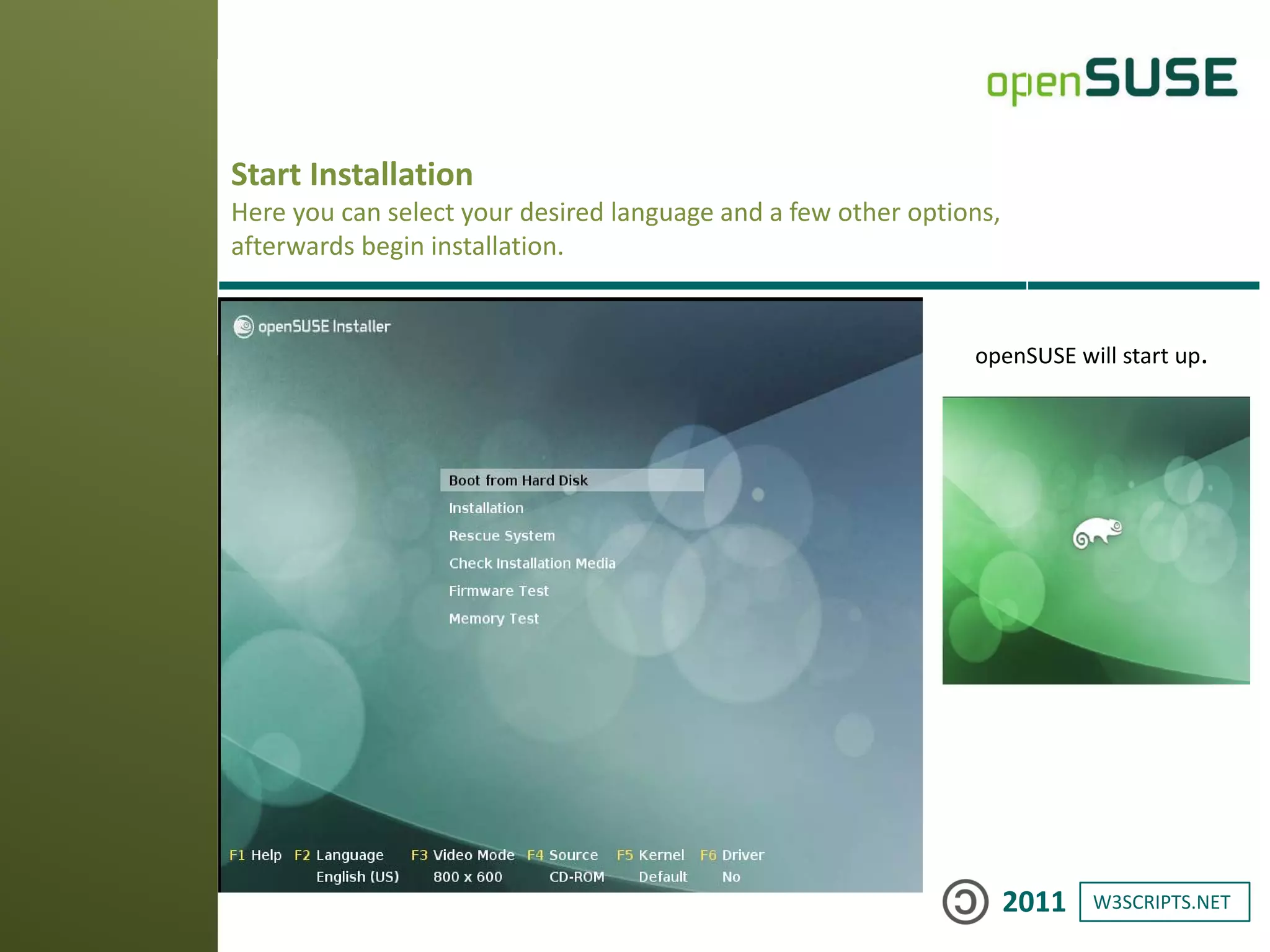 W3SCRIPTS.NET2011
Start Installation
Here you can select your desired language and a few other options,
afterwards begin installation.
openSUSE will start up.
 