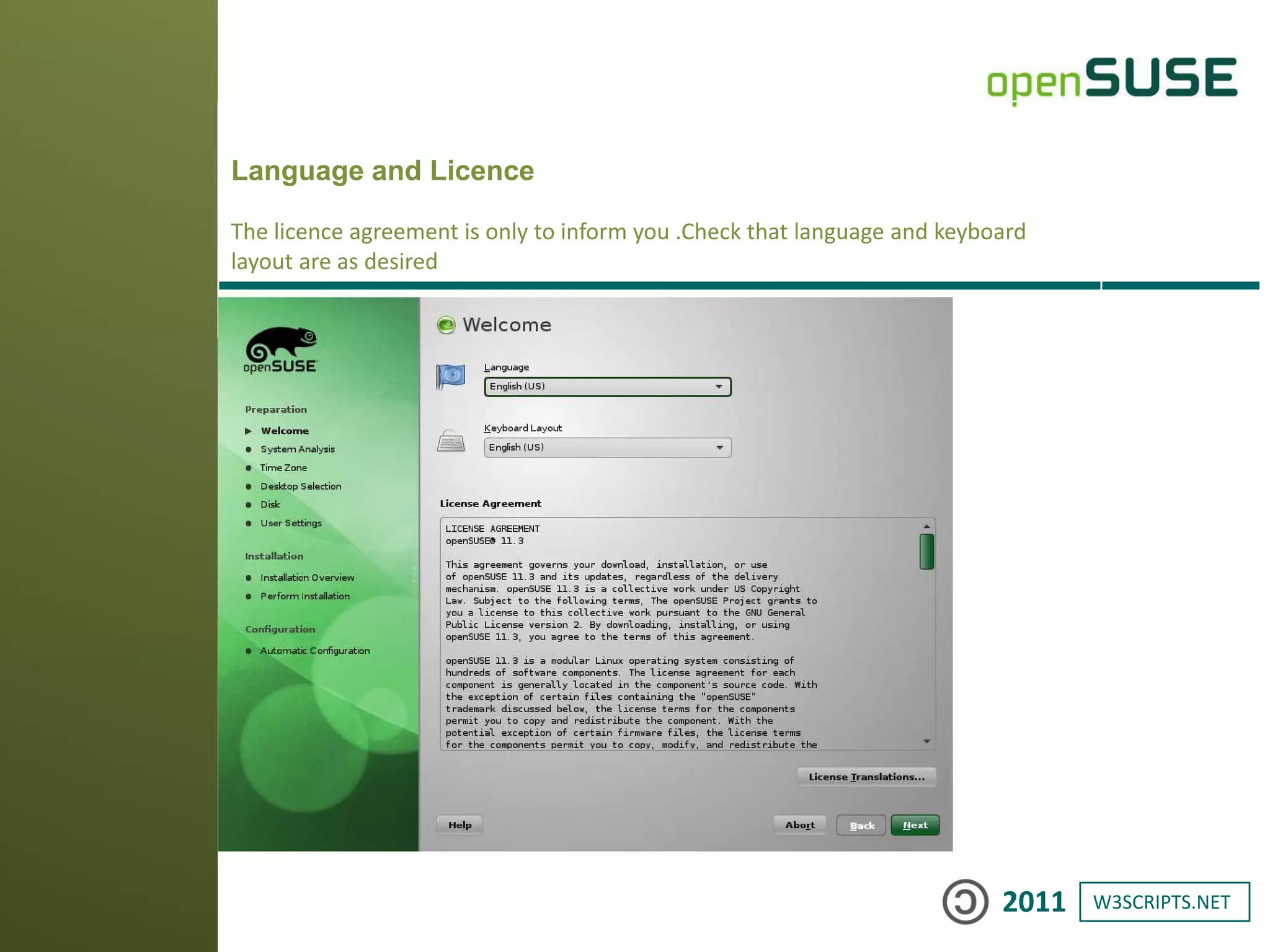 W3SCRIPTS.NET2011
Language and Licence
The licence agreement is only to inform you .Check that language and keyboard
layout are as desired
 
