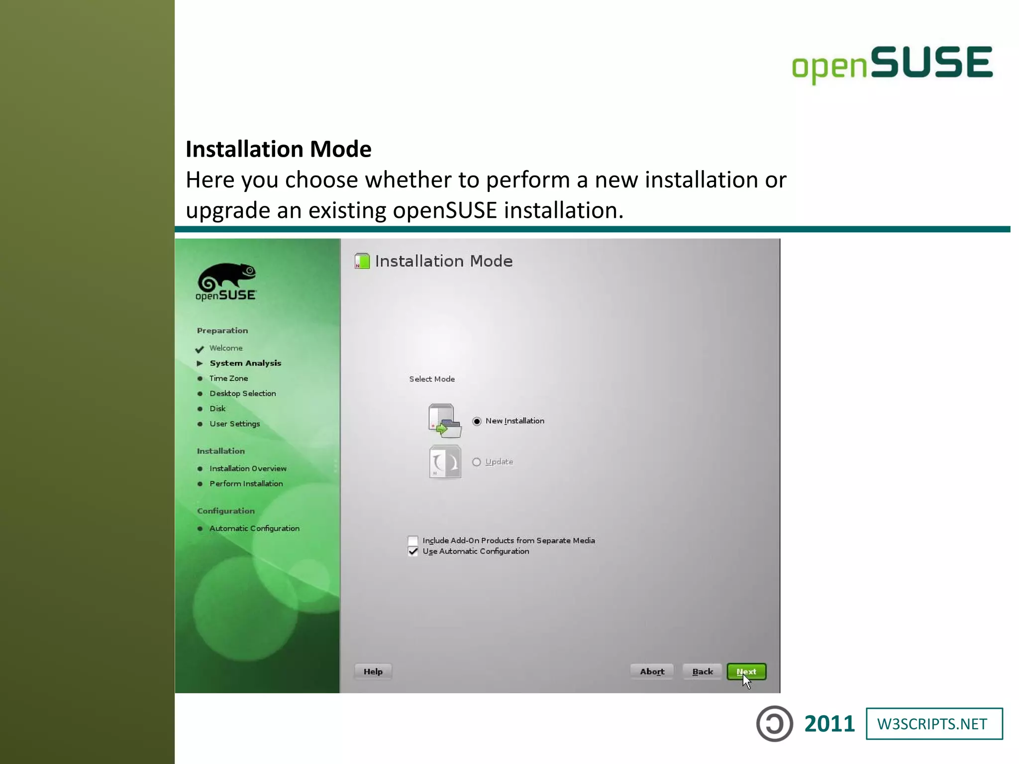 W3SCRIPTS.NET2011
Installation Mode
Here you choose whether to perform a new installation or
upgrade an existing openSUSE installation.
 