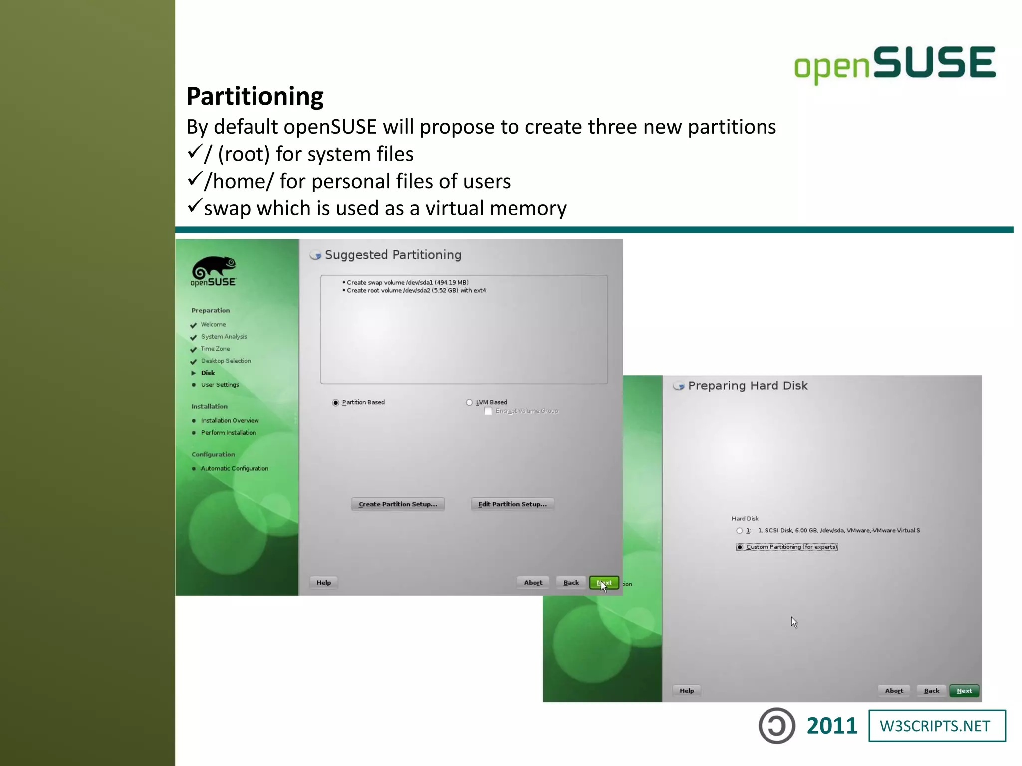W3SCRIPTS.NET2011
Partitioning
By default openSUSE will propose to create three new partitions
/ (root) for system files
/home/ for personal files of users
swap which is used as a virtual memory
 
