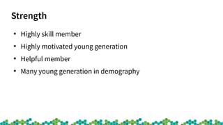 Strength
●
Highly skill member
●
Highly motivated young generation
●
Helpful member
●
Many young generation in demography
 