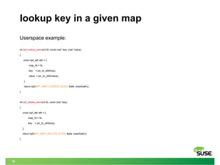 32
lookup key in a given map
Userspace example:
int bpf_lookup_elem(int fd, const void *key, void *value)
{
union bpf_attr attr = {
.map_fd = fd,
.key = ptr_to_u64(key),
.value = ptr_to_u64(value),
};
return bpf(BPF_MAP_LOOKUP_ELEM, &attr, sizeof(attr));
}
int bpf_delete_elem(int fd, const void *key)
{
union bpf_attr attr = {
.map_fd = fd,
.key = ptr_to_u64(key),
};
return bpf(BPF_MAP_DELETE_ELEM, &attr, sizeof(attr));
}
 