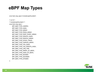 39
eBPF Map Types
enum bpf_map_type in include/uapi/linux/bpf.h
/* v4.15 */
/* include/uapi/linux/bpf.h */
enum bpf_map_type {
BPF_MAP_TYPE_UNSPEC,
BPF_MAP_TYPE_HASH,
BPF_MAP_TYPE_ARRAY,
BPF_MAP_TYPE_PROG_ARRAY,
BPF_MAP_TYPE_PERF_EVENT_ARRAY,
BPF_MAP_TYPE_PERCPU_HASH,
BPF_MAP_TYPE_PERCPU_ARRAY,
BPF_MAP_TYPE_STACK_TRACE,
BPF_MAP_TYPE_CGROUP_ARRAY,
BPF_MAP_TYPE_LRU_HASH,
BPF_MAP_TYPE_LRU_PERCPU_HASH,
BPF_MAP_TYPE_LPM_TRIE,
BPF_MAP_TYPE_ARRAY_OF_MAPS,
BPF_MAP_TYPE_HASH_OF_MAPS,
BPF_MAP_TYPE_DEVMAP,
BPF_MAP_TYPE_SOCKMAP,
BPF_MAP_TYPE_CPUMAP,
};
 