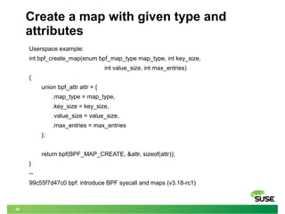 28
Create a map with given type and
attributes
Userspace example:
int bpf_create_map(enum bpf_map_type map_type, int key_s...