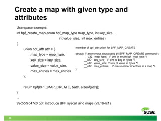29
Create a map with given type and
attributes
Userspace example:
int bpf_create_map(enum bpf_map_type map_type, int key_s...