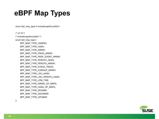 39
eBPF Map Types
enum bpf_map_type in include/uapi/linux/bpf.h
/* v4.15 */
/* include/uapi/linux/bpf.h */
enum bpf_map_ty...