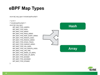 40
eBPF Map Types
enum bpf_map_type in include/uapi/linux/bpf.h
/* v4.15 */
/* include/uapi/linux/bpf.h */
enum bpf_map_ty...