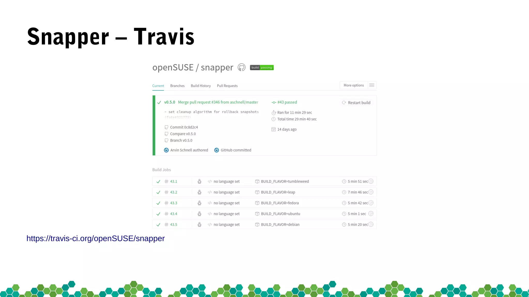 Snapper – Travis
https://travis-ci.org/openSUSE/snapper
 