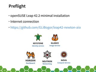 19
Preflight
• openSUSE Leap 42.2 minimal installation
• Internet connection
• https://github.com/GLiBogor/leap42-newton-aio
 