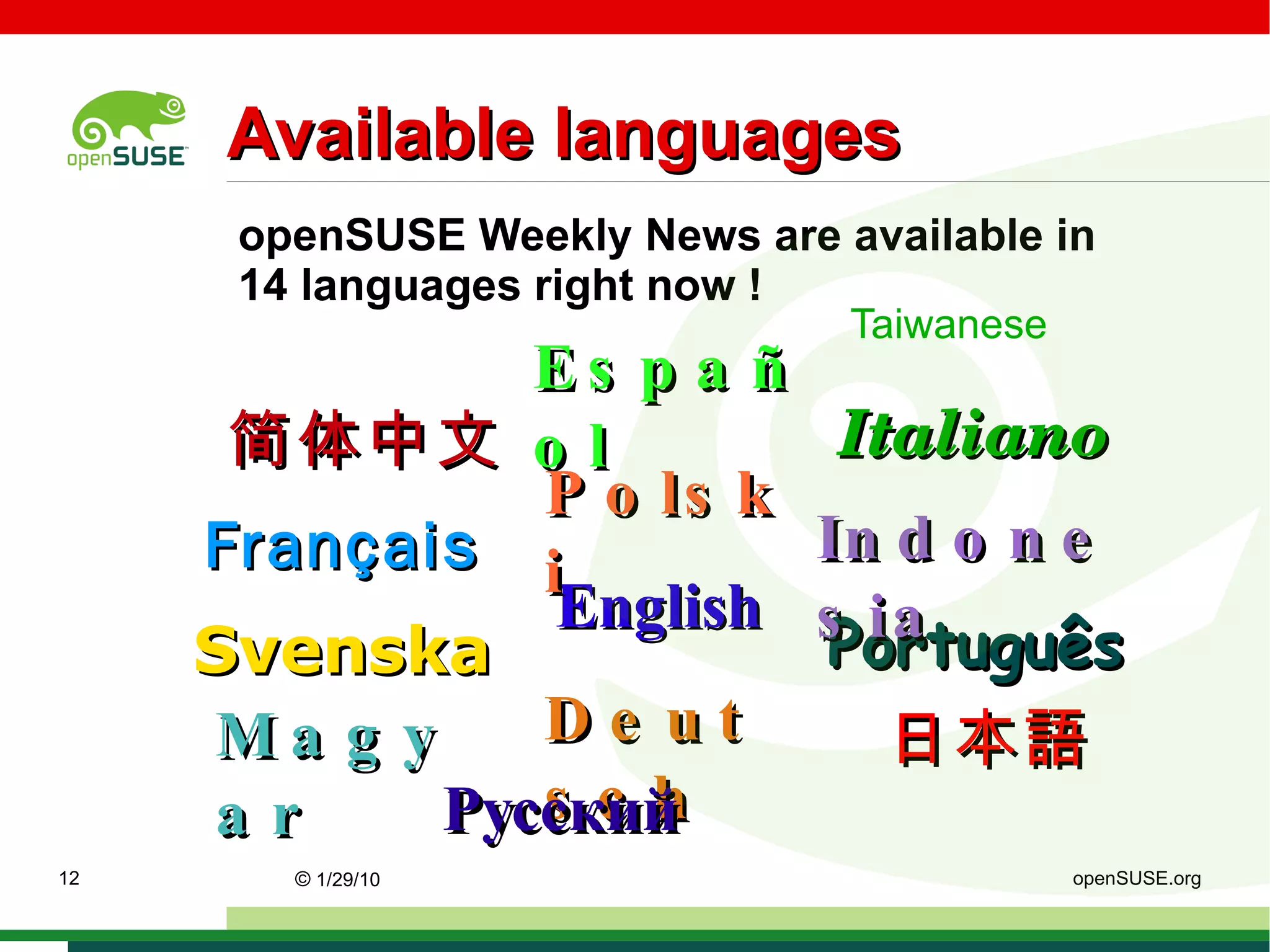 History of WN * Issue 44: translated to spain, portuguese and indonesian * Issue 45: Article about the first elected Board. * Issue 47: Article about SUSE-Studio. * Issue 48: translated to polish * Issue 49: Start new Section “openSUSE Forums” * Issue 50: I'm serving as Co-Leader * Issue 52: next Special Edition “Review 2008” * Issue 53: translated to hungarian * Issue 55: translated to italian * Issue 57: next Special Edition “FOSDEM” * Issue 59: translated to chinese * Issue 63: translated to swedish * Issue 72: STS301 comes to our Team (Tips & Tricks) * Issue 77: translated to taiwanese ©   9/16/09   Sascha Manns openSUSE.org 