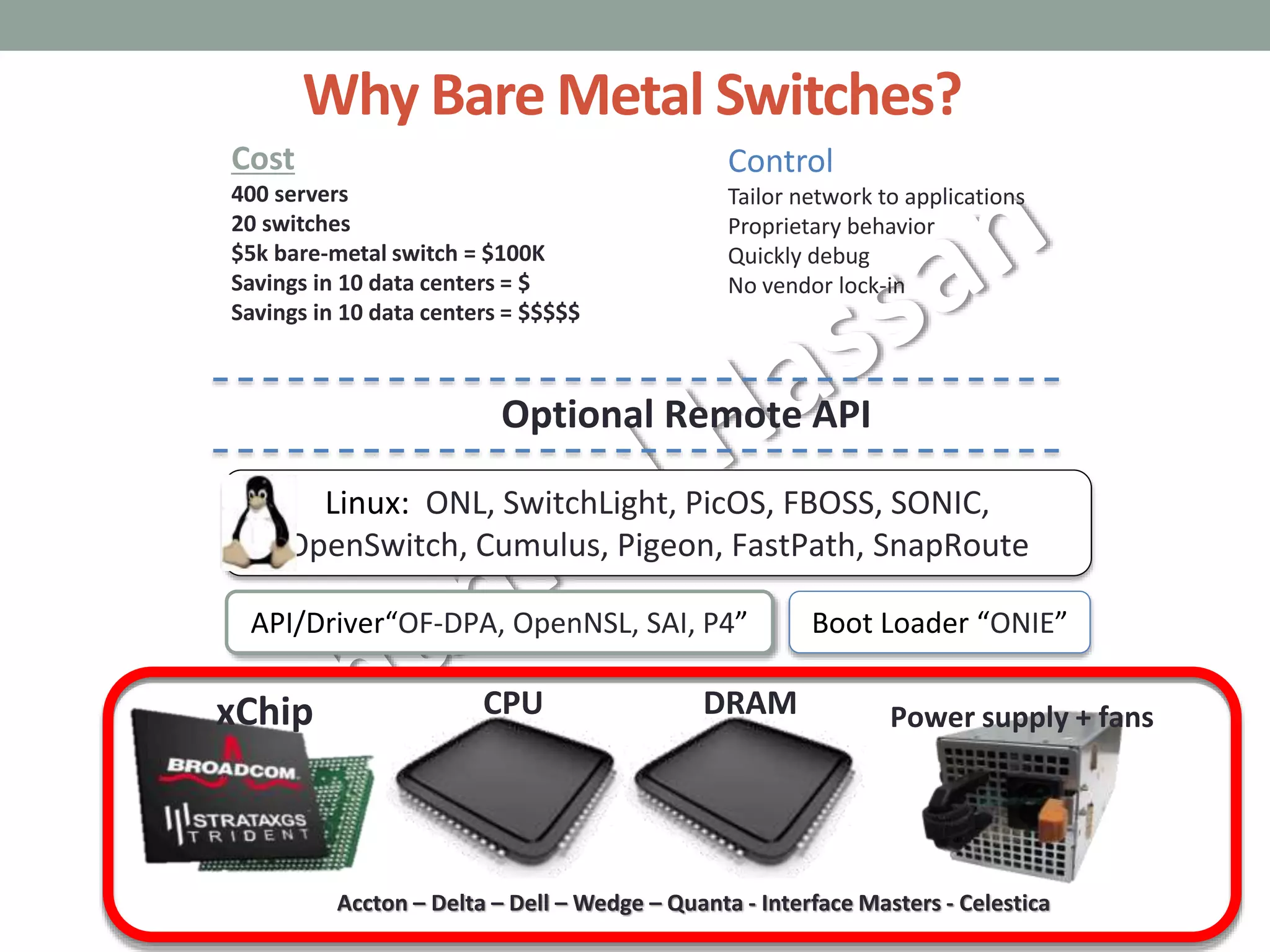 Why Bare Metal Switches?
DRAMCPU Power supply + fans
Linux: ONL, SwitchLight, PicOS, FBOSS, SONIC,
OpenSwitch, Cumulus, Pigeon, FastPath, SnapRoute
xChip
Optional Remote API
API/Driver“OF-DPA, OpenNSL, SAI, P4” Boot Loader “ONIE”
Accton – Delta – Dell – Wedge – Quanta - Interface Masters - Celestica
Cost
400 servers
20 switches
$5k bare-metal switch = $100K
Savings in 10 data centers = $
Savings in 10 data centers = $$$$$
Control
Tailor network to applications
Proprietary behavior
Quickly debug
No vendor lock-in
 