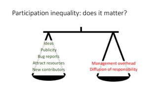 Participation inequality: does it matter?
Ideas
Publicity
Bug reports
Attract resources
New contributors
Management overhead
Diffusion of responsibility
 