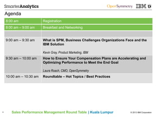 © 2013 IBM CorporationSales Performance Management Round Table | Kuala Lumpur4
Agenda
8:00 am – 9:00 am Breakfast and Networking
9:00 am – 9:30 am What is SPM, Business Challenges Organizations Face and the
IBM Solution
Kevin Gray, Product Marketing, IBM
9:30 am – 10:00 am How to Ensure Your Compensation Plans are Accelerating and
Optimizing Performance to Meet the End Goal
Laura Roach, CMO, OpenSymmetry
10:00 am – 10:30 am Roundtable – Hot Topics / Best Practices
8:00 am Registration
 