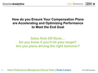 © 2013 IBM CorporationSales Performance Management Round Table | Kuala Lumpur47
How do you Ensure Your Compensation Plans
are Accelerating and Optimizing Performance
to Meet the End Goal
Sales Kick Off Done…
Do you know if you’ll hit your target?
Are you plans driving the right behavior?
 