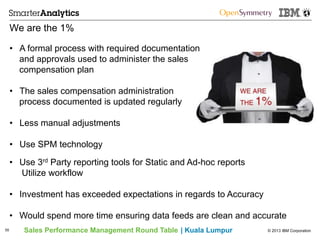 © 2013 IBM CorporationSales Performance Management Round Table | Kuala Lumpur
We are the 1%
55
•  A formal process with required documentation
and approvals used to administer the sales
compensation plan
•  The sales compensation administration
process documented is updated regularly
•  Less manual adjustments
•  Use SPM technology
•  Use 3rd Party reporting tools for Static and Ad-hoc reports
Utilize workflow
•  Investment has exceeded expectations in regards to Accuracy
•  Would spend more time ensuring data feeds are clean and accurate
 