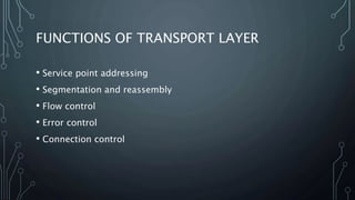 FUNCTIONS OF TRANSPORT LAYER
• Service point addressing
• Segmentation and reassembly
• Flow control
• Error control
• Connection control
 