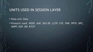 UNITS USED IN SESSION LAYER
• Data unit: Data
• Protocol used: ADSP, ASP, ISO-SP, L2TP, F2F, PAP, PPTP, RPC,
SMPP, SDP, ZIP, RTCP
 