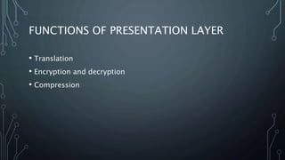 FUNCTIONS OF PRESENTATION LAYER
• Translation
• Encryption and decryption
• Compression
 