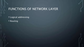 UNITS USED IN NETWORK LAYER
• Hardware used: Routers
• Data units: Packets
• Protocols used: IP(Internet Protocol), NAT(Ne...