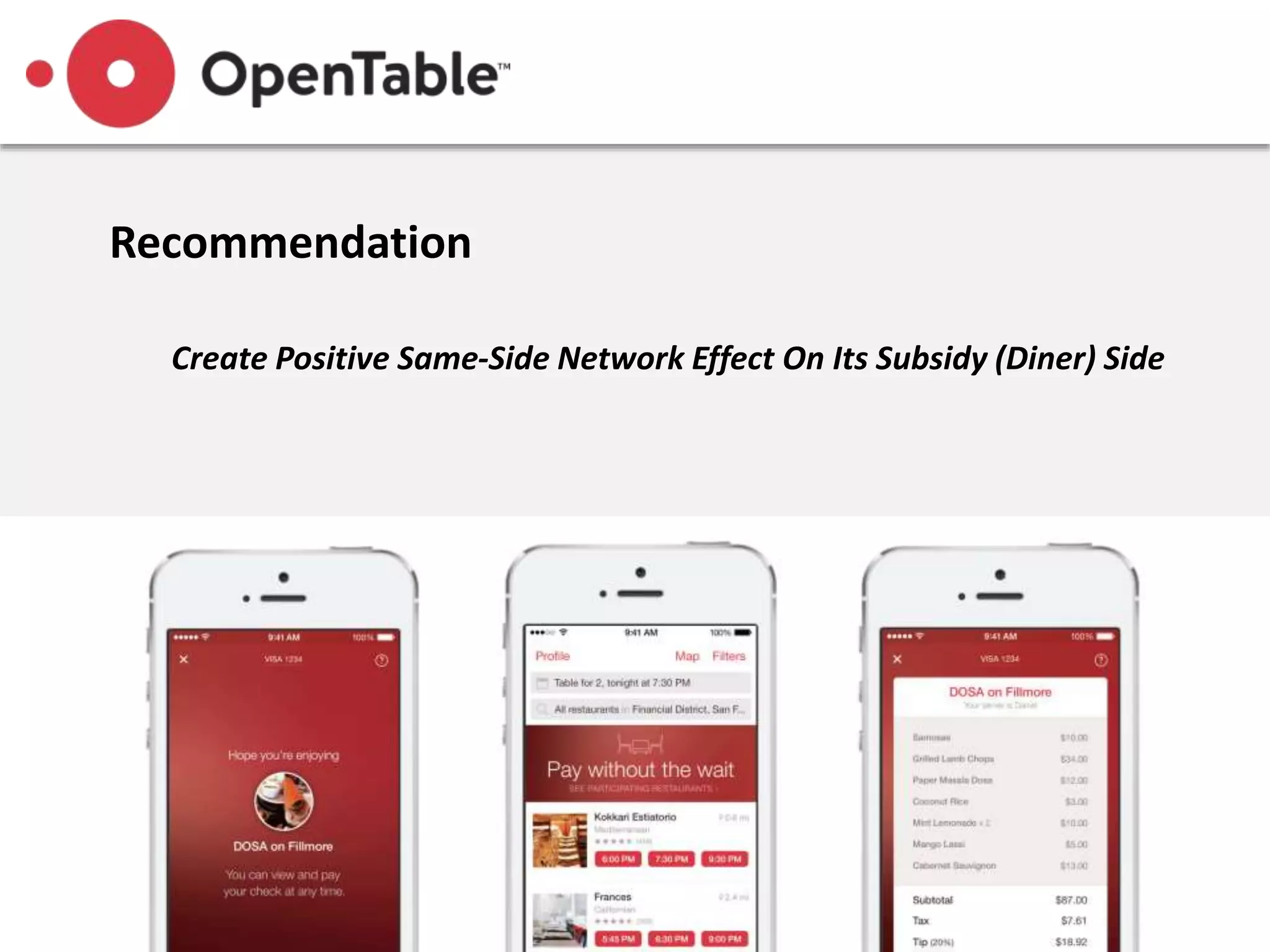Recommendation
Create Positive Same-Side Network Effect On Its Subsidy (Diner) Side
 